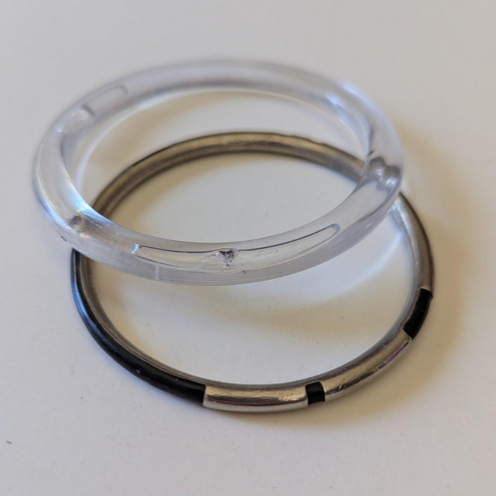 Lot of Two Vintage Bangle Bracelets Clear Plastic & Silver Tone & Black